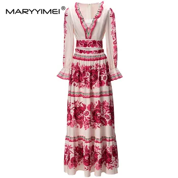 MARYYIMEI моден подиум костюм дизайнер жените v-образно деколте пристъп ръкав тънък върховете + гърдите обвивка + червен цветен печат дълга пола 3бр комплект
