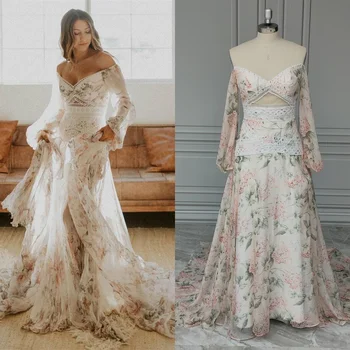12977# 100% реални снимки изящни разстояние рамо дълги ръкави цветен печат органза сватбена рокля почистване влак булчински рокля за жени