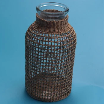 Сламена стъклена ваза за цветя японска саксия в скандинавската договорена творческа кошница с цветя за водни растения