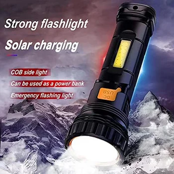  слънчева / акумулаторна многофункционална LED фенерче, водоустойчив, с аварийна светкавица, USB кабел за зареждане, бързо зареждане трайни