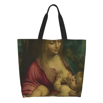 Virgin And Child By Leonardo Da Vinci Хранителни стоки Пазарска чанта Платно Купувач Голяма пазарска чанта за рамо Голям капацитет Трайна чанта