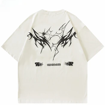 Нова мъжка хип-хоп улично облекло Пламък Естетическа графична тениска Бежова лятна тениска Harajuku Памук Топ Извънгабаритни Trend Удобни