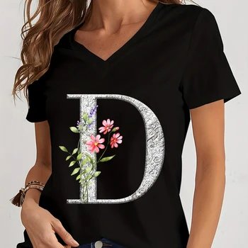Y2k риза мода графика специален дизайн 26 писмо печат цвете жени случайни висока улица къси ръкави естетически v-образно деколте тениски