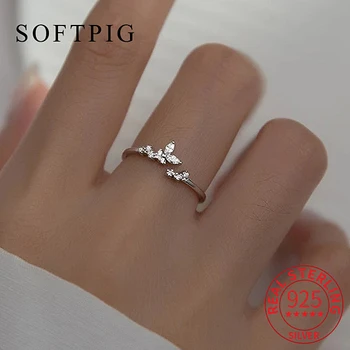 СОФТПИГ Истински 925 стерлинги сребърни листа растение регулируем пръстен за мода жени парти фини бижута сладък минималистичен Bijoux