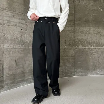 SYUHGFA Мъжки панталони корейски стил ниша дизайн личност нит декорация случайни панталони тенденция универсален прав крак панталон