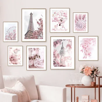 Pink Sakura Париж вятърна мелница Флорални стена изкуство платно живопис модерни плакати отпечатъци стена картина за хол декор естетика