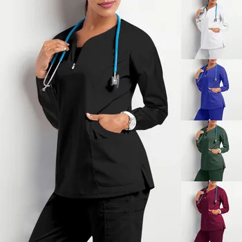 Мода солидна грижа дамски джоб дълъг плътен цвят ръкав върховете тениска джоб с v-образно деколте работници Дамска блуза