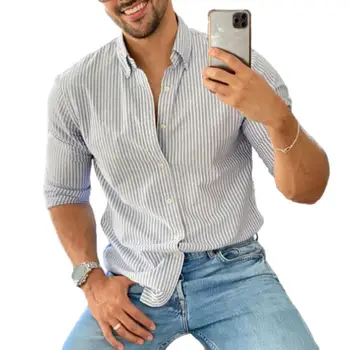 Еднореден риза върховете тънък годни мъжки раирани точка печат ревера риза стилен еднореден дълъг ръкав случайни работно облекло мъжки