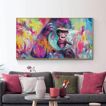 Смешно Пушене Орангутан Графити Картини от платно Картини за стена Плакати и отпечатъци Съвременни животни Стенно изкуство Картини от платно Стая Декор