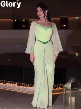 Зелени мъниста Абитуриентски рокли 2023 Ръкави за отблясъци Русалка шифон Арабия Мода Дамски вечерни рокли Официален повод парти рокля