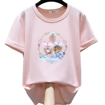 ZuoLunOuBa памук лято случайни жени тениска отпечатани Harajuku цвете момиче Tees пайети лък двойка зайче розови върхове женски