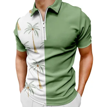 Лято мъжки цип поло риза къс ръкав мъжки Топ зелен бял снаждане кокосово дърво печатни спортни тънък отдих тениска