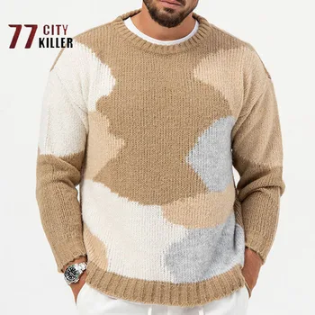 Контрастен цвят случайни мода кръг врата пуловер мъжки улица прав ръкав удобни трикотаж мъжки открит топъл пуловер