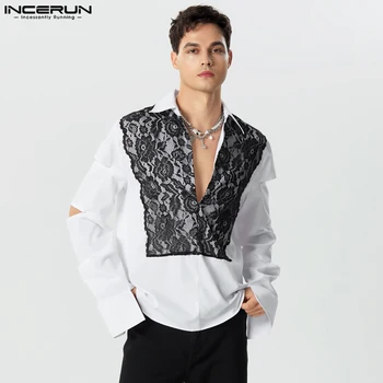 парти клубно облекло стил върхове INCERUN нови мъжки дантела пачуърк печатни ризи модерен мъжки голям ревера дълъг ръкав блуза S-5XL