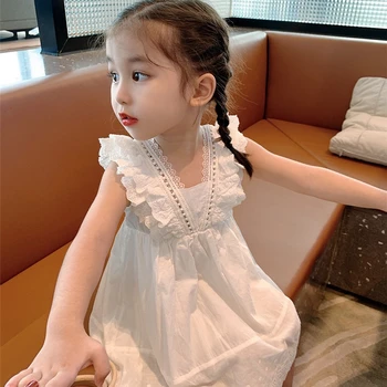 Летни момичета рокля мода дантела принцеса рокли деца без гръб страна детска рокля корейски цвете момиче рокли 2 3 4 5 6 7Yrs