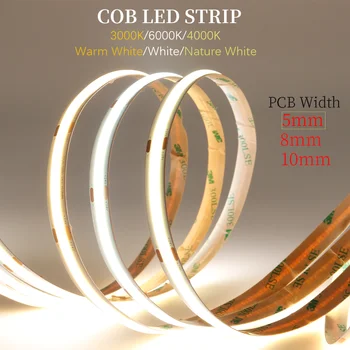  LED лента светлина COB висока плътност гъвкава топла природа студено бяло 320 / 384 / 480 / 528Leds / m линейни димируеми светлини 5 / 8 / 10mm DC12-24V