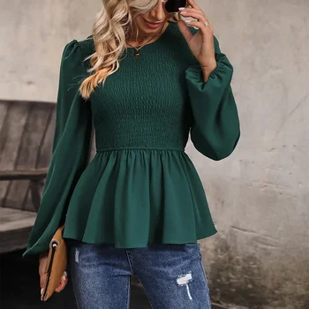 Жените дълъг ръкав снаждане върховете тъмно зелен пуловер кръг врата риза Commuter стил мода есен елегантен