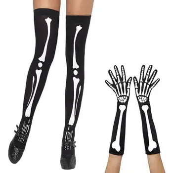 Дамски Хелоуин Cosplay череп скелет костни ръкавици бедрото високи чорапи чорапи