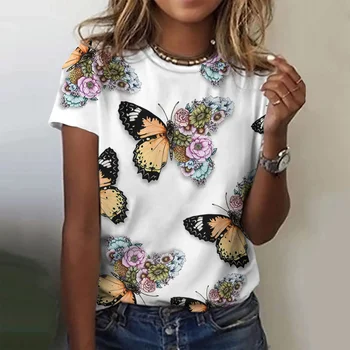 Лятна дамска тениска 3D пеперуда печат мода Harajuku къс ръкав Tee ежедневни streetwear хип-хоп T риза за жени нови върхове