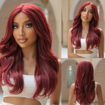 Нов комплект перуки с винено червено малко T дантела стил средна дължина къдрава коса пълна глава комплект