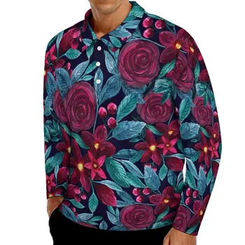 Елегантни рози ежедневни тениски мъжки коледни флорални печат дълъг ръкав поло ризи яка естетически есен обичай риза 4XL 5XL