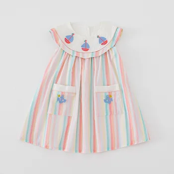 Лято цветни райета платноходка бродерия момичета рокля корейски нов шик без ръкави бебе момиче сладка принцеса рокли