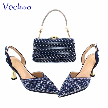 Морско синьо нов дизайн нигерийски дамски обувки и чанта комплект висококачествени специални пристигания с блестящ кристал за рокля