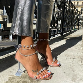 Star стил лято прозрачни жени сандали мода кристал ясно токчета женски парти абитуриентски обувки високи токчета гладиаторски сандали