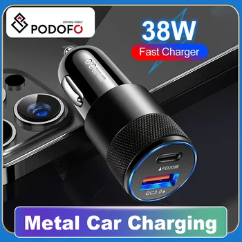Podofo 38W USB + Type C Малък и преносим метален автомобил за зареждане на алуминиева сплав Бързо зарядно за кола за мобилен телефон