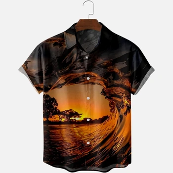 Хавайски ризи за мъже ваканция морска вълна фото печат ризи къс ръкав летен плаж ваканция върховете дишаща