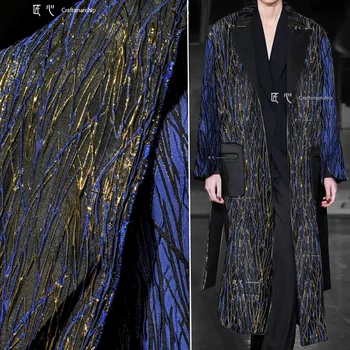 Синьо и златно паун жакард плат тежка текстура триизмерен костюм тренчкот чанта облекло дизайнер плат