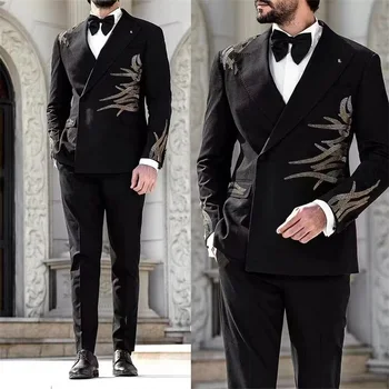 Луксозен мъжки костюм с мъниста Blazer + панталони 2 бр. Сватбен смокинг Официален дизайнер Абитуриентска рокля парти офис мъжко яке палто по поръчка