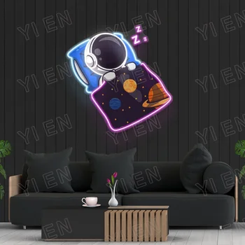 Спящ астронавт LED неонов знак - космически домашен декор - космическо тематично изкуство за стена и подарък - астрономия ентусиаст галактическа декорация