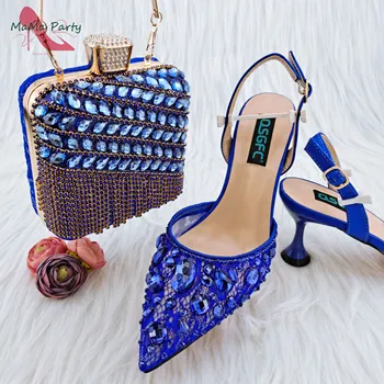 2023 Висококачествен нов дизайн италиански дамски обувки и чанта в кралски син цвят Африкански дамски помпи за сватба