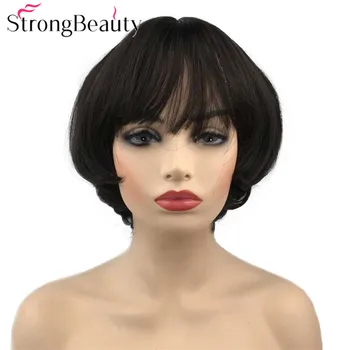 StrongBeauty къси синтетични перуки естествена вълна жени коса с бретон тъмно кафява перука