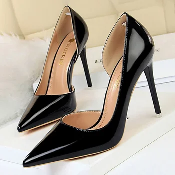 Обувки Секси жена помпи лачена кожа високи токчета плюс размер 43 дамски обувки токчета 2023 Стилето дамски обувки сватба