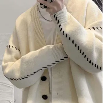 Есен V-образно деколте жилетка пуловер мъже жени улично облекло хлабав мързелив стил корейски реколта трикотаж яке мода марка мъжки жилетка