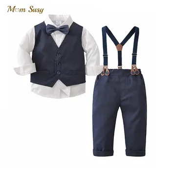 Baby Boy Официален комплект дрехи Жилетка + Suspender Pant + Риза + Папийонка 4PCS Бебе Малко дете Детски костюм Парти Бебешки дрехи Комплект 1-7Y