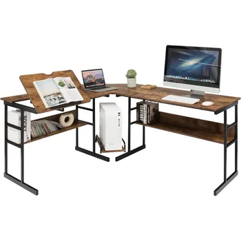  67 инча L-образно бюро, ъглово компютърно бюро с долни рафтове за книги и стойка за процесор, чертожна чертожна маса