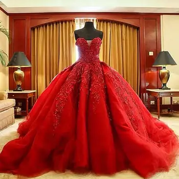 Бална рокля червени сватбени рокли дантела най-високо качество мъниста скъпа почистване влак готически сватбена рокля гражданска вестидо