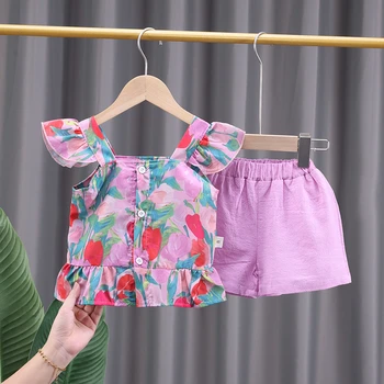 Baby Girls Summer Ruffle Sleeveless Tops Флорални шорти Комплект от две части