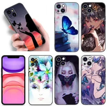 Girl Butterfly Калъф за телефон за Apple iPhone 12 13 Mini 11 14 Pro XS Max 6S 6 7 8 Plus 5S X XR SE 2020 2022 Мек TPU черен капак